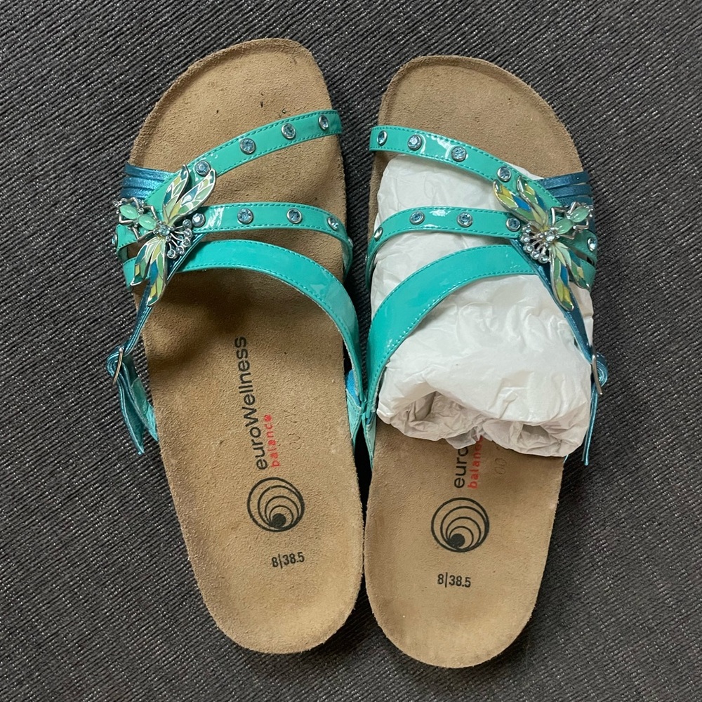 Women's Turquoise dragonfly euroWellness balance 8/38.5 leather sandals shoes